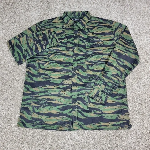 Warrior Mens XL Green Black Camo Button Down Long Sleeve Flannel - Picture 2 of 6